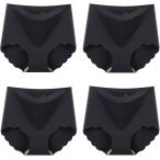 4枚 セット シームレス ショーツ 深め レディース 無縫製 ひびかない パンティー スカラップ 伸縮性 通気性(ブラック,  M)