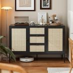 ラタンキャビネット 木製 サイドボード 3扉 チェスト リビングボード ラタン収納棚 MDM(ブラック,  幅120CM（2扉+3引き出し）)