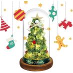 クリスマスツリー 卓上 プリザーブドフラワー 枯れない花 ガラスドーム 電池式 LEDライト 飾り かわいい(クリスマスグリーン)