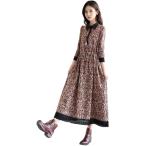 レトロ風ロングワンピース レディース ボタニカル柄 シャツワンピ Aライン ハイウエスト 裾レース (ブラウン,  2XL)