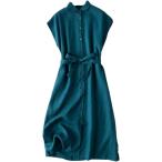 リネンワンピース レディース フレンチスリーブ かわいい シャツ( ダークブルー,  L)