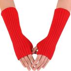 アームウォーマー レディース メンズ ニット 親指穴付き アームカバー(レッド,  Free Size)