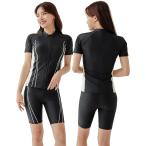 大きいサイズ フィットネス 水着 レディース セパレート 半袖 上下セット めくれ防止 スクール UVカット 袖付 (ホワイト,  5L)
