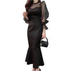 マーメイド ワンピース ロングドレス ミモレ丈 チュール シアー袖 透け 結婚式 パーティー 韓国( ブラック,  Free Size)