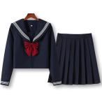 セーラー服 コスプレ 女子高生 制服 長袖 プリーツスカート 無地 リボン 3点セット MDM (ネイビー,  3XL)