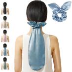 シルク ナイトキャップ ロングヘア用 シュシュ付き 6A級 桑蚕絹糸 美髪 就寝用 ヘアキャップ 通気性 静電気防止 (スモーキーブルー)