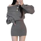 オフショルダー 肩出し ニット ミニ ワンピース 長袖 セクシー タイト ミニワンピ セーター レディース (グレー,  M)