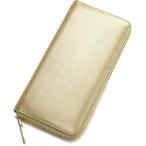 本革長財布 ラウンドファスナー メンズ レディース 大容量 小銭入れ付 (ゴールド)