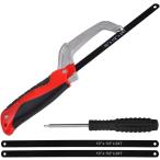 ミニハックソー 2枚HSS替刃付き 多用途アルミフレーム 金切鋸 長さ調整可能 ドライバー付き かなきりノコギリ 小型 木材 (レッド)