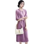 ジェイスコット パフスリーブワンピース サッシュベルト付き ミディ丈 五分袖 ラウンドネック Iライン きれいめ (パープル,  L)