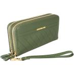 ショッピング通帳ケース 長財布 ダブルファスナー 大容量 通帳ケース スマホ収納 ラウンドファスナー ハンドストラップ付き レディース(グリーン)