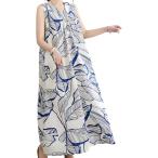 エリクシオ リゾートワンピース ロングワンピース マキシ丈ワンピース ノースリーブ ロングスカート Vネック(ネイビー,  2XL)