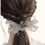 ヘアクリップ 髪飾り チュールリボン ヘアアクセサリー 森ガール 誕生日 発表会 撮影用 結婚式 フォーマル 通勤 通学(グレー)