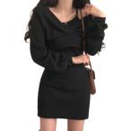 ニットワンピ インナー セットアップ 肩だし 韓国 カシュクール 長袖 ミニワンピ ショート丈 トップス ドレス(ブラック,  XL)