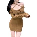 オフショルダー タイト リブ ニット セクシー ミニ ワンピース 肩出し 長袖 レディース ミニワンピ カジュアル (ブラウン,  M)