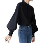 レディース ブラウス 長袖 トップス パフスリーブ シャツ オフィスカジュアル スタンドカラーシャツ 大きいサイズ (ブラック,  M)