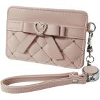 パスケース リール付き かわいい おしゃれ 伸びる 定期入れ 横型 icカード ストラップ リボン ハート ビジュー 通勤 (ピンク)