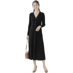 ニットワンピース ロング 長袖 vネック レディース vネックワンピース ロング丈 お呼ばれ 秋 冬(ブラック,  Free Size)
