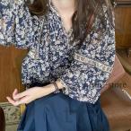 レディース ブラウス  きれいめ 40代 秋新作 長袖ブラウス 花柄シャツ パフスリーブ Vネック シフォントップス オシャレカジュアル 韓国風 ゆったり 大人可愛い