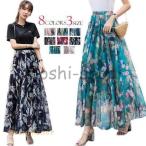 夏ワンピース シフォンスカート マキシスカート 花柄 ウエストゴム ハイウエストロングスカート シンプル レディ