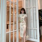  короткий рукав цветочный принт вышивка платье в китайском стиле женский One-piece коричневый ina одежда длинный флаг . китайский кимоно коричневый ina способ вечернее платье разрез ввод a линия 