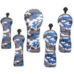 高級pu革 ドライバー ウッド FW 2点 ユーティリティ UT用2点 ヘッドカバー 5点セット カモ 迷彩  青 ベージュ