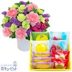 【お祝いセットギフト】花キューピット 誕生日 退職 結婚 記念日 生花 フラワーギフトピンクと紫のアレンジと【シュシュ】焼き菓子アソート 5種9個入