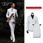 白 ストライプ ドレススーツ男性ダブルブレストメンズ 2 ピースセットスーツブレザー Weddding ビジネス歌手 衣装ジャケット