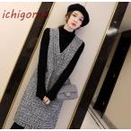 ワンピース 秋冬 レディース ジャンパースカート きれいめ Vネック コンビネゾン ジャンスカ サロペットスカート オールインワン 重ね着 チェック 着痩せ 春