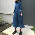 デニムワンピース ゆるワンピース レディース デニム 長袖 レトロ風 可愛い Aラインワンピース フリーサイズ 丸首 秋 コーデ ゆったり 体型カバー