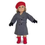 Doll Coat Fits American Girl Doll Clothes Gray Wool Coat, Red Knit Hat, &amp; Black Knit Mittens for 18