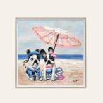 アートパネル オイルペイントアート 『ビーチパラソル ドッグ』 63×63cm （ 絵画 絵 アート インテリア 額 額入り 壁掛け イヌ 犬 ）