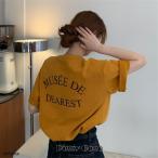 tシャツ レディース 夏 半袖 韓国 ロゴ カットソー Uネック トップス ゆるTシャツ 丸首 プルオーバー カジュアル ロゴ プリント グレー 白 イー