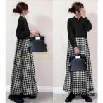 チェック柄ワンピース 長袖ワンピース レディース春コーデ 夏秋物 切り替え 無地 ドッキングワンピ 卒業式 通学通勤 ゆったり 可愛い ロングワンピース 30代40代