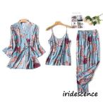 パジャマ レディース 春夏秋 長袖 ルームウェア 3点セット ナイトガウン キャミソール ロングパンツ 花柄 寝巻き 部屋着 快適 体型カバー 大きいサイズ 可愛い