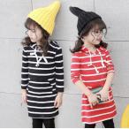 韓国子供服フード付きボーダーワンピ...