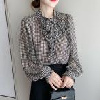 ショッピングシフォン シフォン ブラウス 上品 トップス 長袖 グレンチェック リボン付き 通勤 レディース シフォンシャツ ゆったり 大人 フェミニン 春夏 ブラウス 30代40代 きれいめ