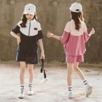 夏 新作 セットアップ ショートパンツ 半袖 パーカー ジップアップ 韓国子供服 女の子 ジュニア トレーナー 配色 ハーフパンツ 運動服 スポーツ カジュアル