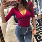 ショッピングセクシー トップス レディース セクシー カットソー 五分袖 タイト 無地 薄手 tシャツ Vネック スレンダーライン 着痩せ 女性 シンプル 上品 大人 通勤 通学