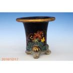 【現品】　藤浦陶園製　万年青錦鉢　3.5号　古鉢 挟み跡有　(No.1563)【サナサービス】【古典園芸/京楽鉢/楽鉢/黒楽鉢/京楽焼鉢】【京楽焼植木鉢】