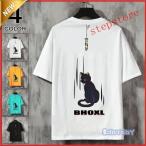 ショッピングクールネック 半袖Tシャツ メンズ Tシャツ 半袖 クールネック 猫柄 おしゃれ 薄手 英字柄 夏 涼しい 父の日