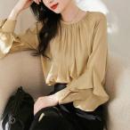 ショッピングクールネック 【人気商品】ブラウス 長袖 レディース ス クールネック シャツ フリルスリーブ 通勤 ファッション 春 夏 秋 カジュアル シンプル