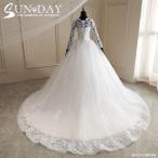 ウェディングドレス ウェディングドレス白 パーティードレス 可愛いレース 長袖花嫁ロングドレス 結婚式 トレーンライン 二次会 エレガント お呼ばれ