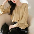 ショッピングクールネック 【人気商品】ブラウス 長袖 レディース ス クールネック シャツ フリルスリーブ 通勤 ファッション 春 夏 秋 カジュアル シンプル