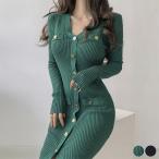 タイトフィット ミモレ丈 フロントボタン ニットワンピース