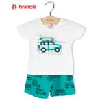 【BRANDILI】男の子VネックTシャツ&ショートパンツセット【デイリー・おでかけ服】ドライブ車柄|ホワイト×グリーン