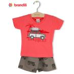 【BRANDILI】男の子VネックTシャツ＆ショートパンツセット【デイリー・おでかけ服】ドライブ車柄｜コーラル×ブラウン