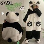 パンダ ルームウェア もこもこ パジャマ 冬 長袖 ナイトガウン 着る毛布 大きいサイズ 前開き フード付き 寝巻き 部屋着 暖かい あったか 着ぐるみ モコモコ