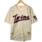 古着 ミッチェルアンドネス MLB MINNESOTA TWINS ミネソタツインズ ストライプ柄 ゲームシャツ ベースボールシャツ メンズL相当 /eaa528949