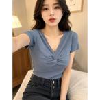 リブニット Tシャツ レディース 半袖 フロントツイスト Vネック カットソー タイト 胸元 ねじり 細見え 大人可愛い セクシー 無地
